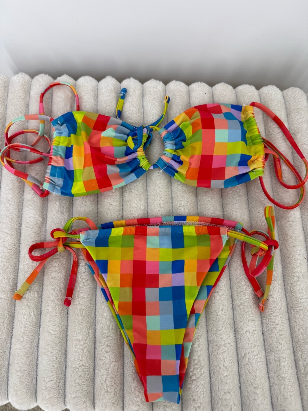 Rainbow Check Tie-Side Bikini - Multicolor Size Small
